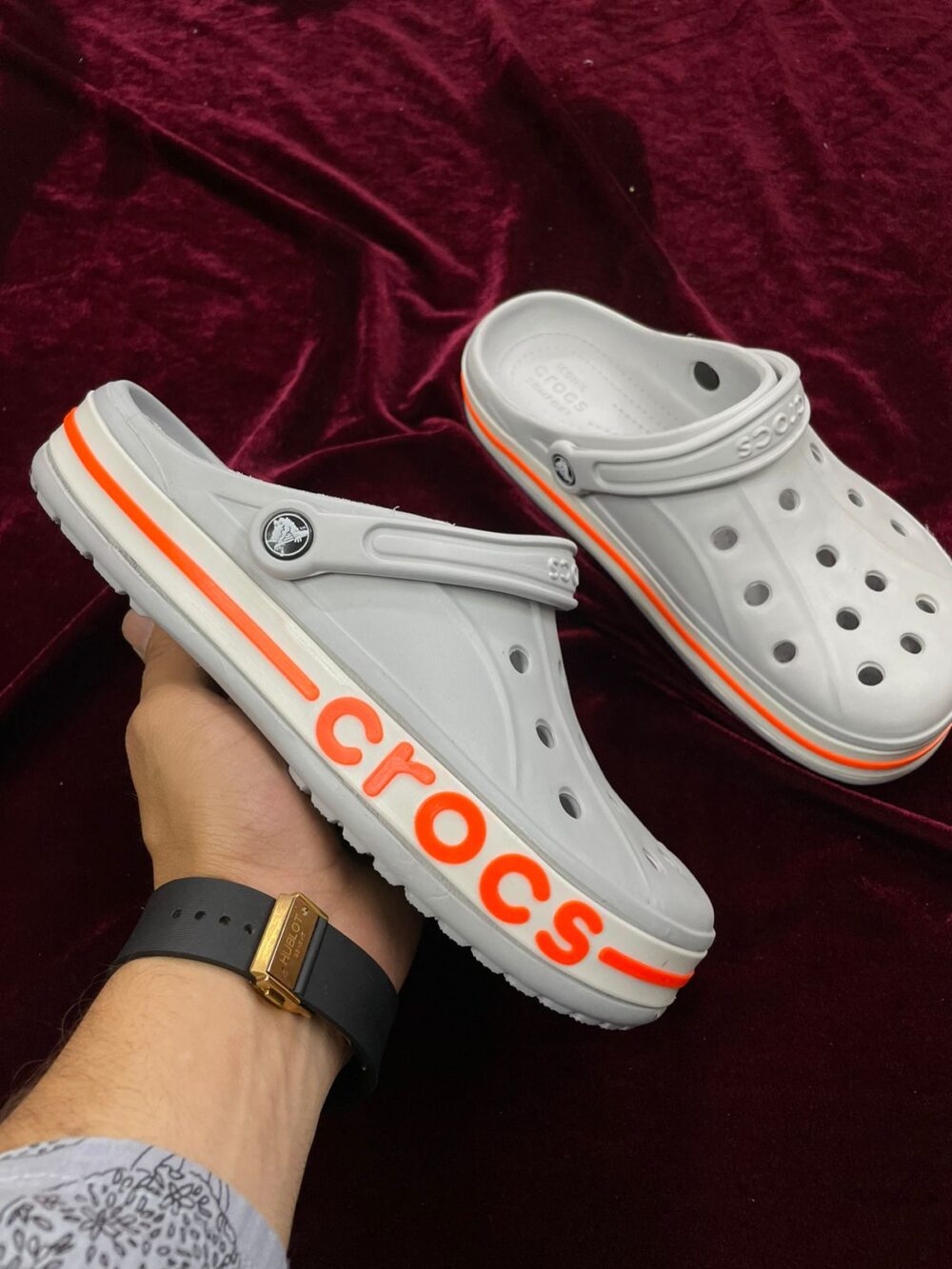 Crocs Bayaband Clogs (Light Grey Orange) - Image 2